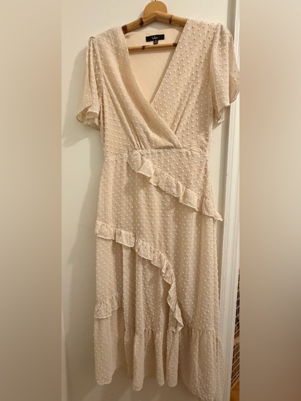 Lulu's Ivory Swiss Dot Wrap Midi Dress with Ruffles